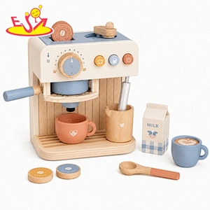 New Wooden Espresso Machine Play Set with Rotary Dial, Push Buttons, Milk Frother, Coffee Pods, Cups, and Spoon for Kids W10L286